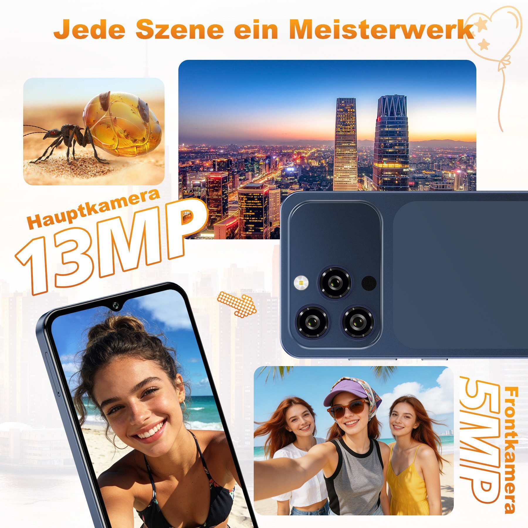 Collage zeigt eine Ameise in Bernstein, Stadt bei Nacht, Smartphone-Rückseite und Front.