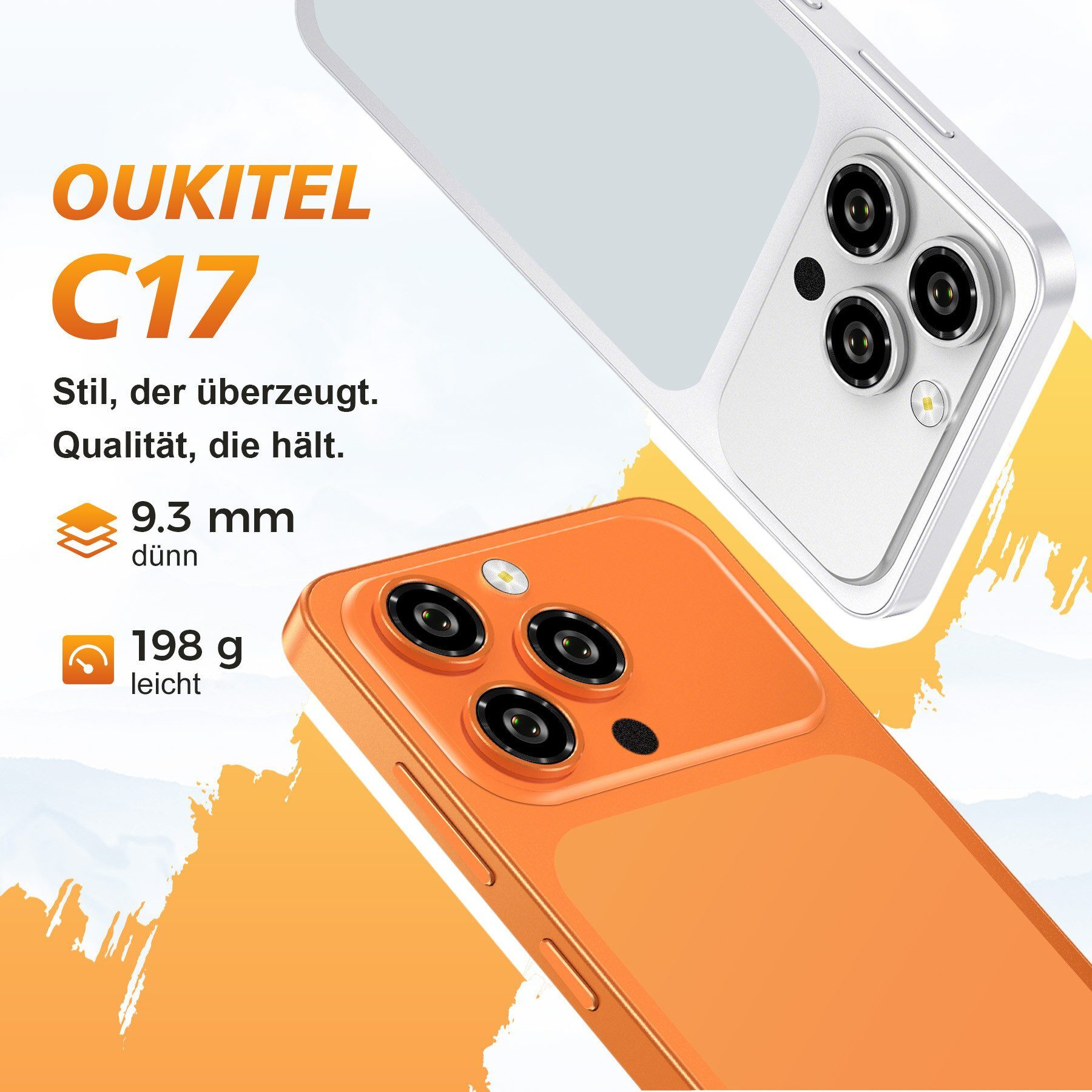 Zwei Oukitel C17 Smartphones, eines orange, eines weiß, mit Kameras.