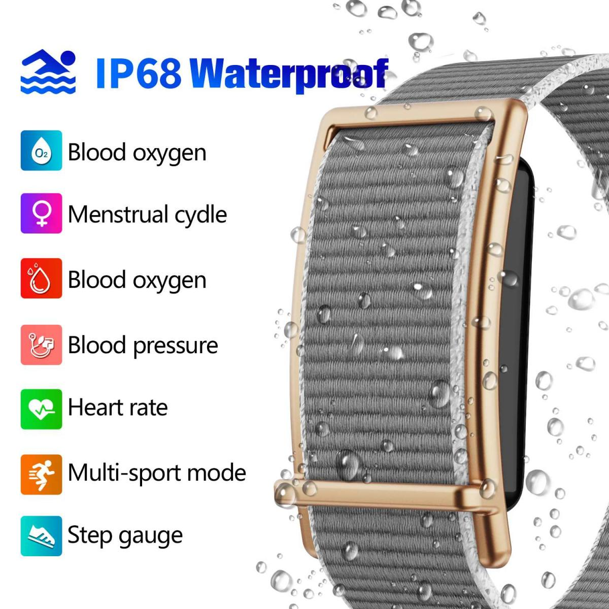 Eine Smartwatch mit grauem Armband ist mit Wassertropfen abgebildet, zusammen mit einer Liste ihrer IP68-wasserdichten Funktionen.