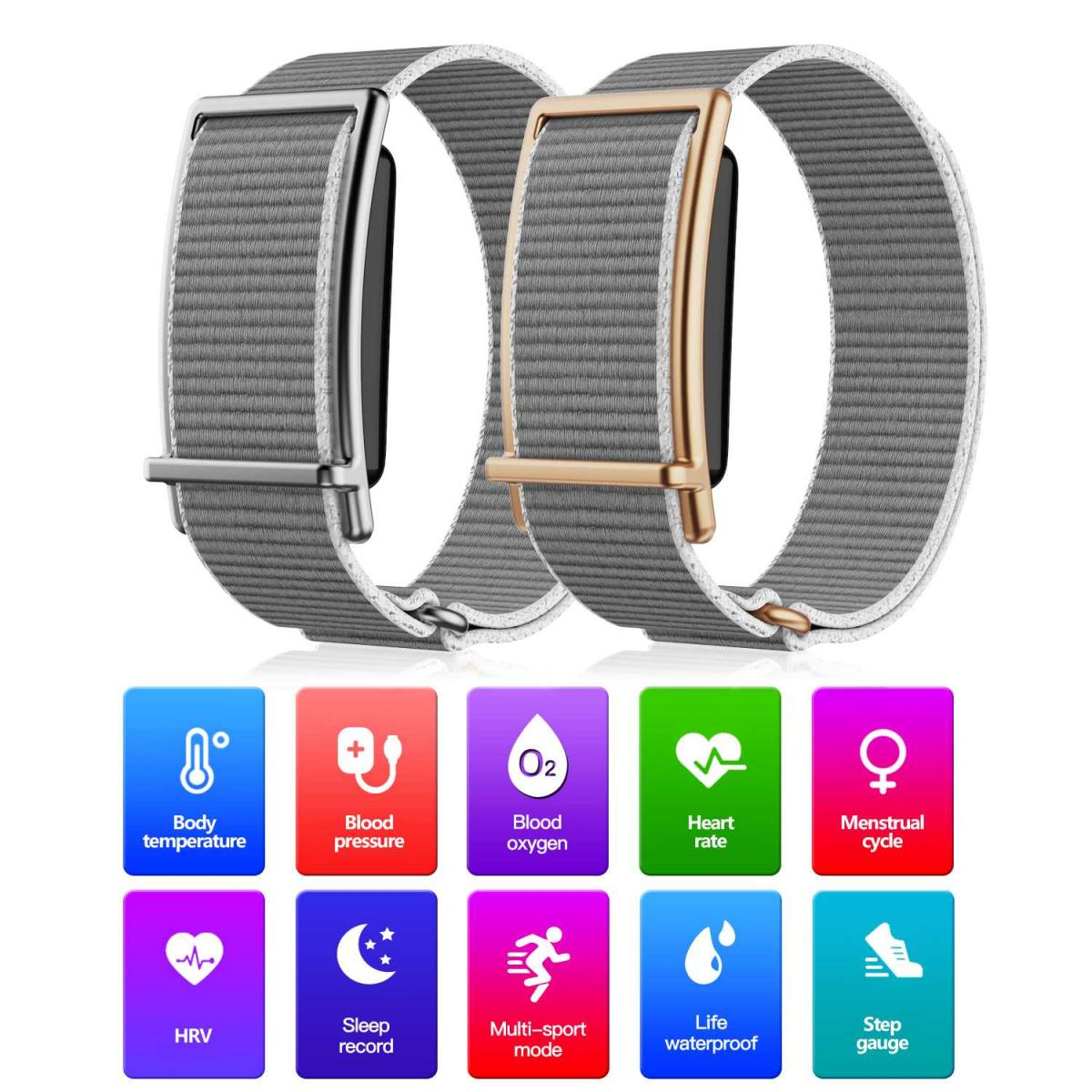Zwei Smartwatches mit grauen Stoffarmbändern, eines mit silberner und eines mit goldener Schnalle.