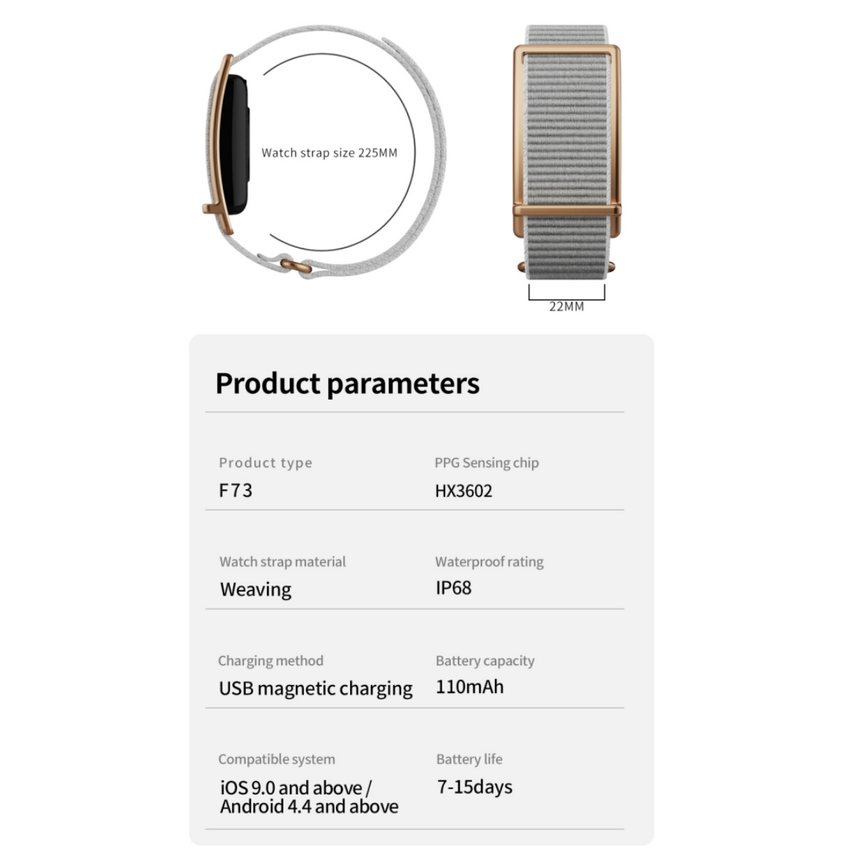 Eine Smartwatch mit einem grauen Band. Produktparameter werden angezeigt.
