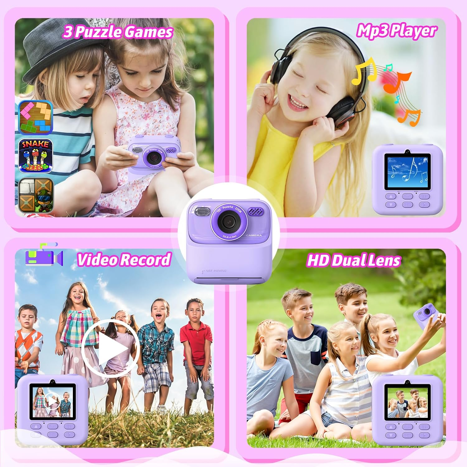 Vier Collagen zeigen Kinder mit einer lila Kamera, die Spiele, Musik, Videos und Selfies spielt.