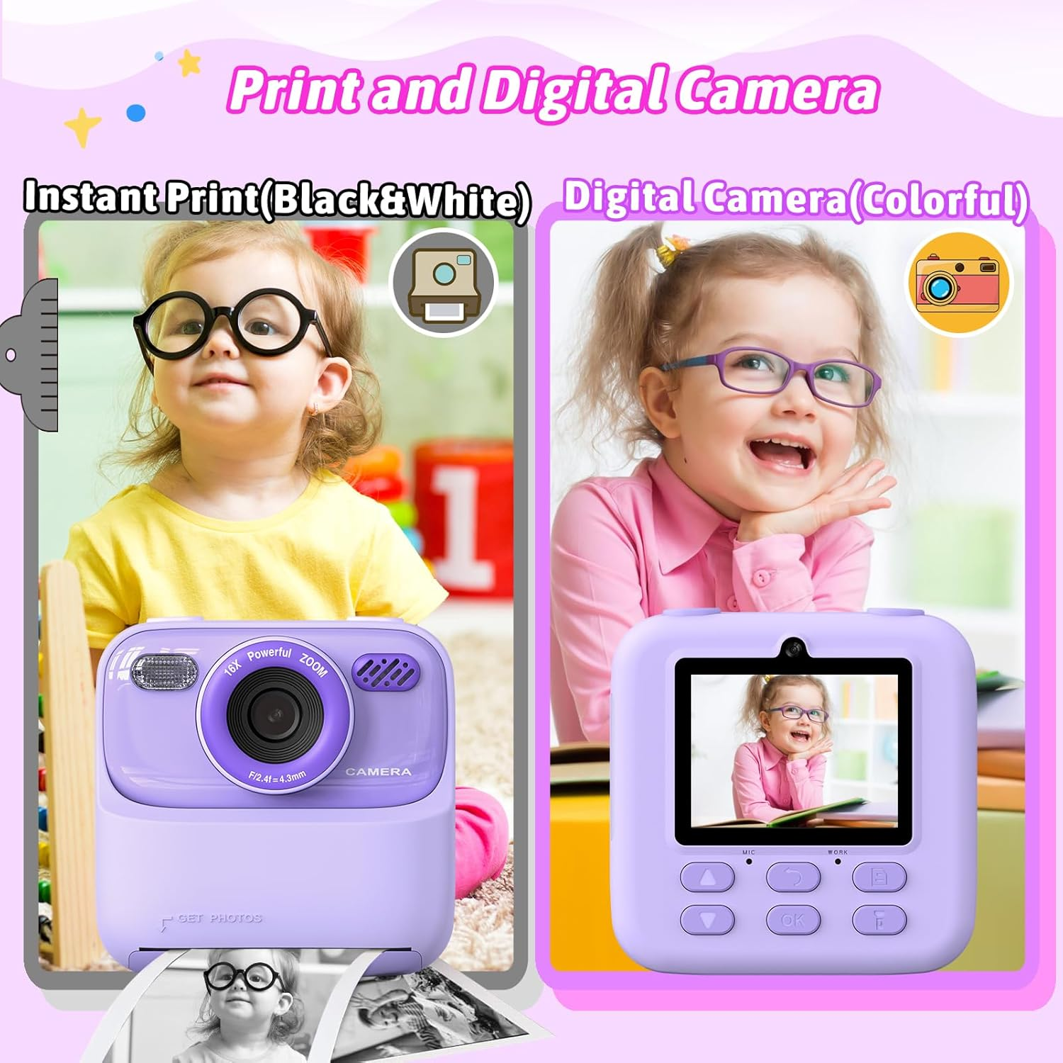 Zwei Kinder mit Brillen, eine Kamera zum Sofortausdruck und eine Digitalkamera.