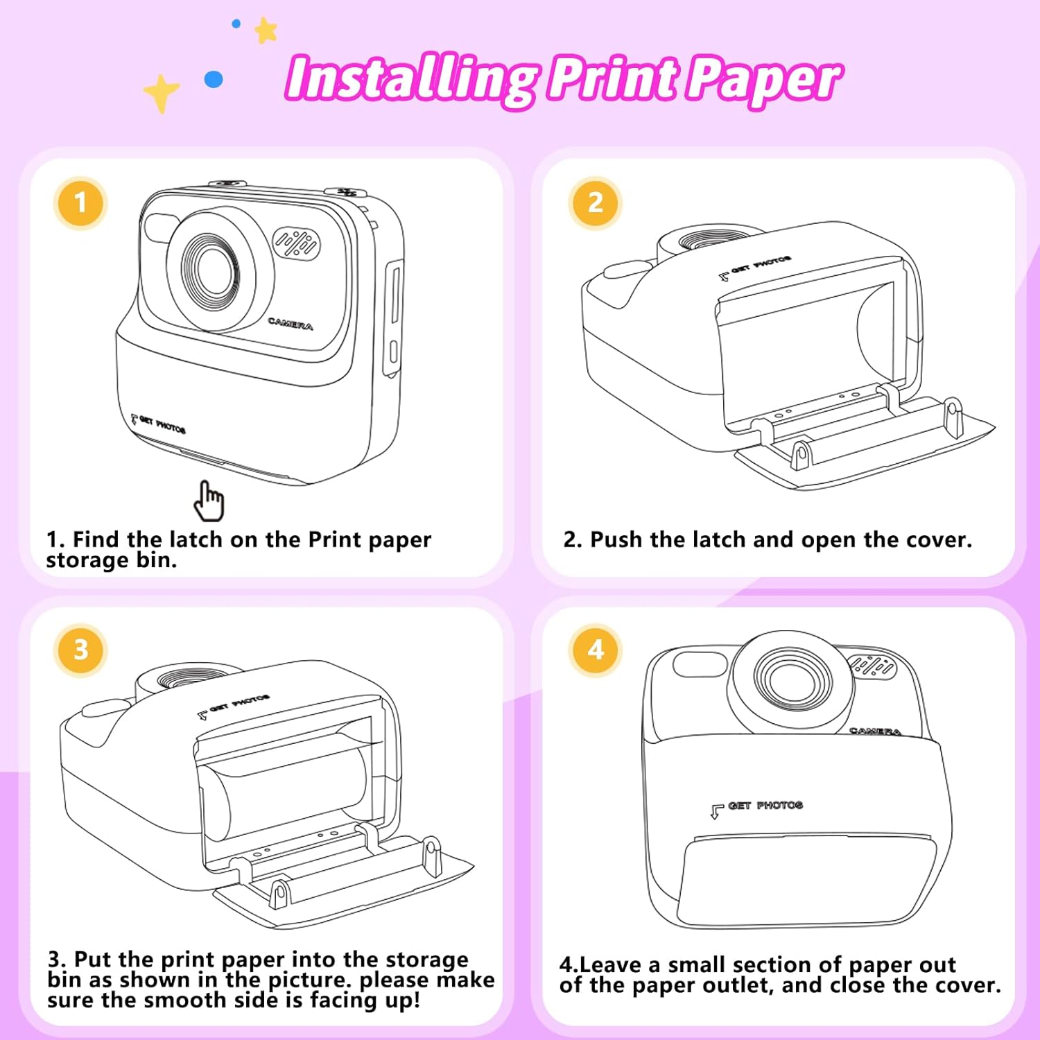 Anleitung zur Papierinstallation für einen Drucker: 1. Verriegelung finden. 2. Deckel öffnen. 3. Papier einlegen. 4. Papier herausschauen lassen, Deckel schließen.