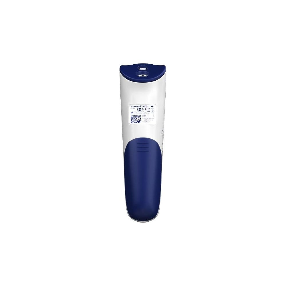 Ein weißes und blaues digitales Thermometer mit Beschriftung.