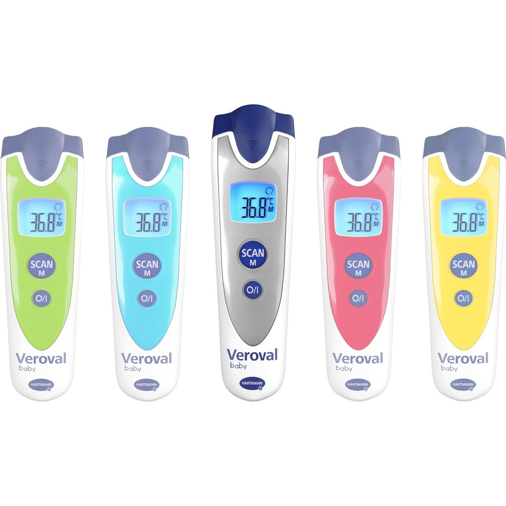 Fünf digitale Thermometer in verschiedenen Farben: grün, blau, grau, pink und gelb.