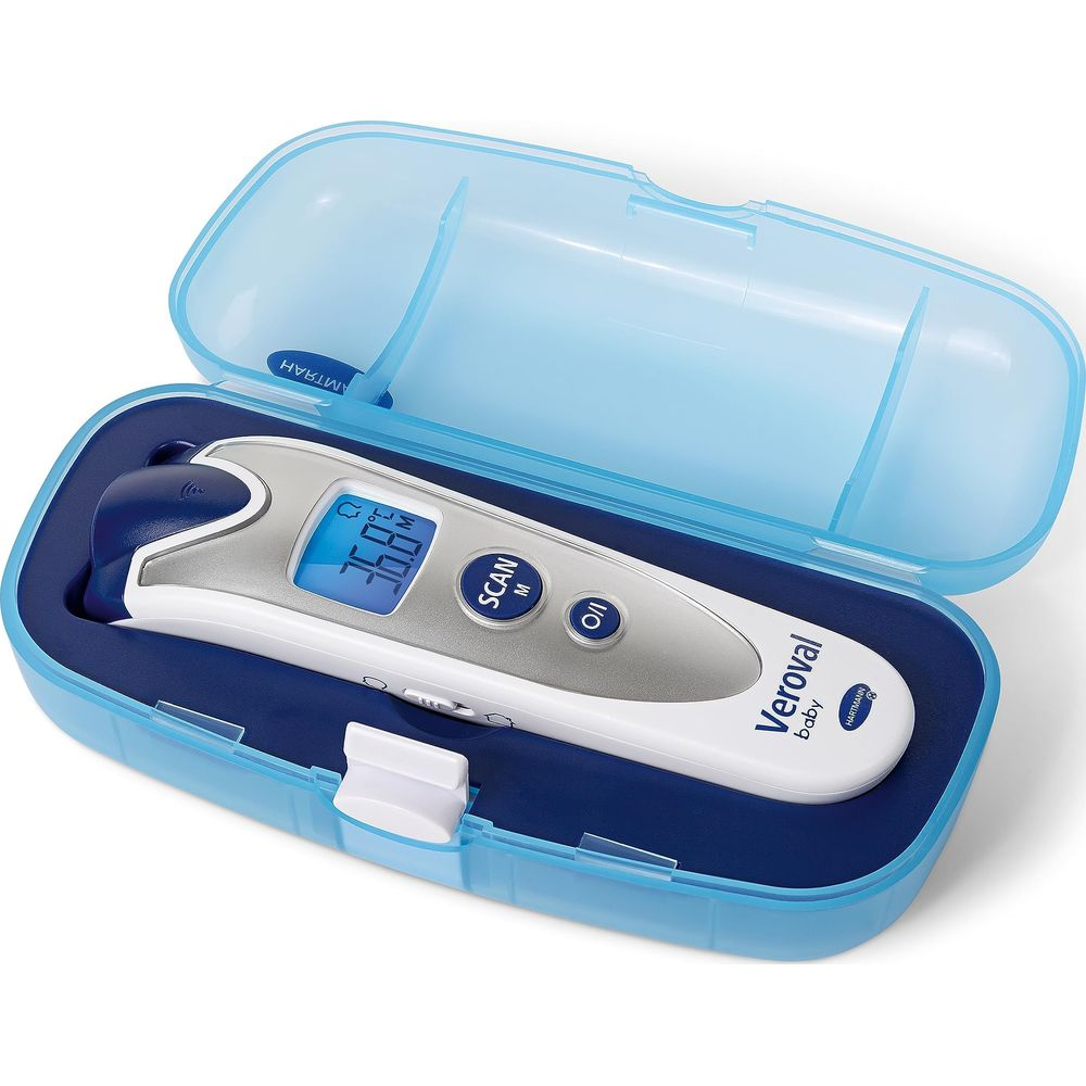 Ein weiß-blaues Digitalthermometer mit blauem Koffer zeigt 36,8 Grad an.