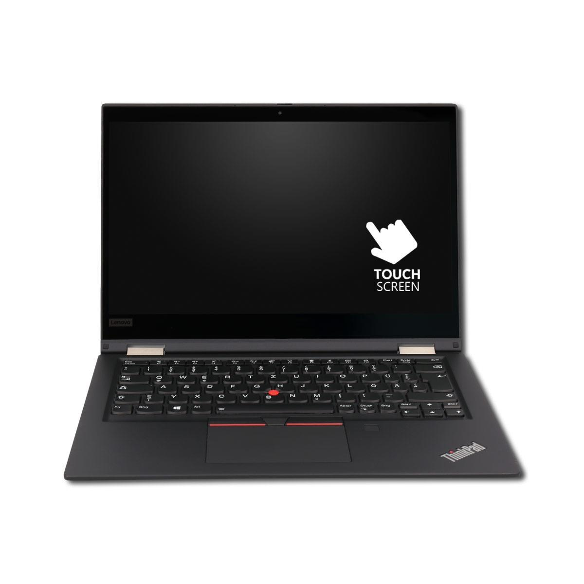 Ein geschlossener schwarzer Lenovo ThinkPad Laptop mit Touchscreen-Symbol.