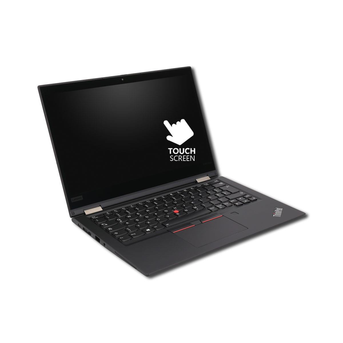 Ein schwarzer Laptop mit Touchscreen-Symbol und Text.