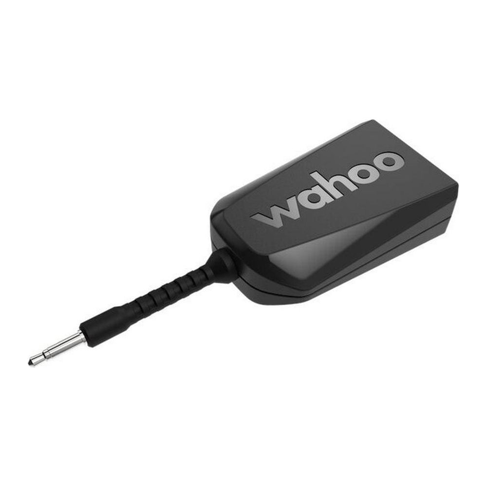 Ein schwarzes Wahoo-Gerät mit einem Kabel und einem Stecker.