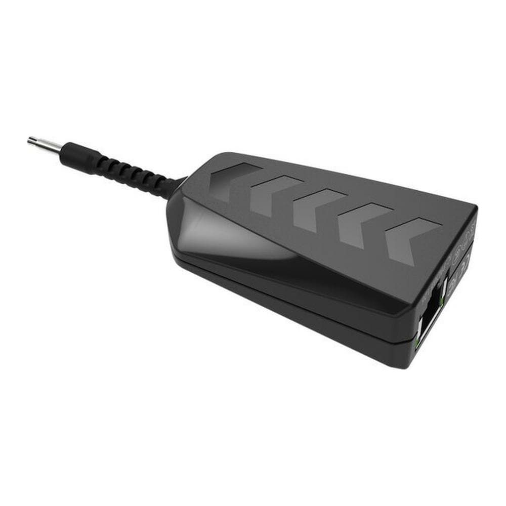 Schwarzer Netzadapter mit Pfeilmuster und Ethernet-Anschlüssen.
