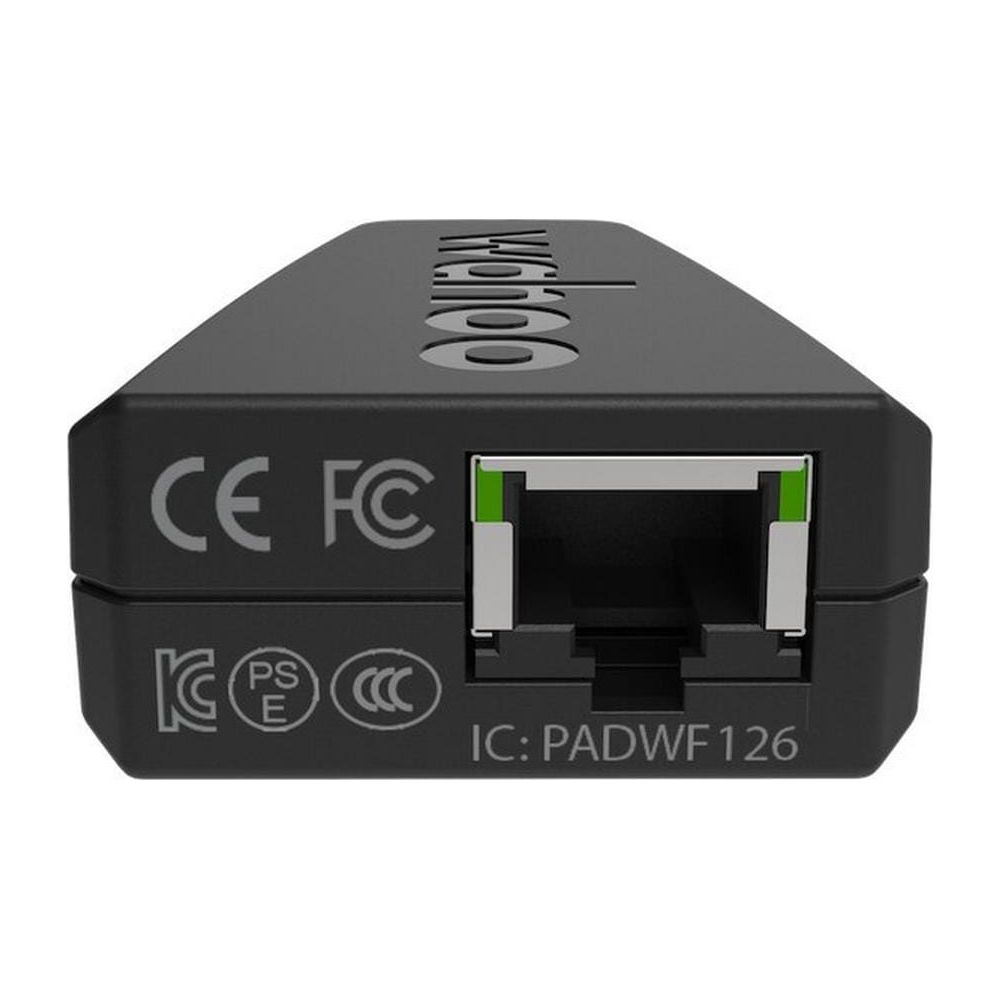 Schwarzer Netzwerkadapter mit CE, FC, K, PS E, CCC-Siegeln und einer Ethernet-Buchse.