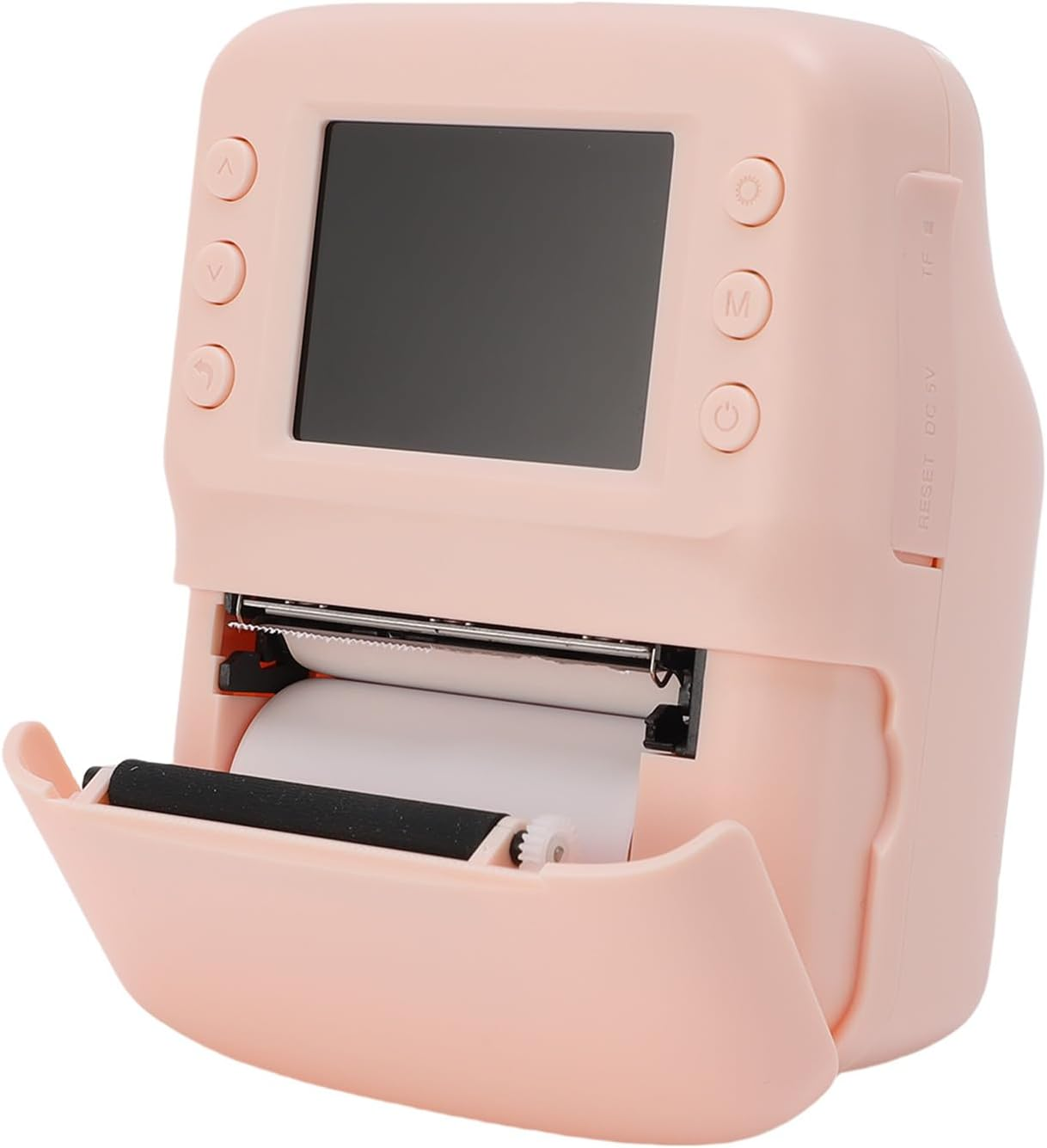 Ein rosafarbener Mini-Drucker mit Bildschirm, Tasten und Papierrolle.