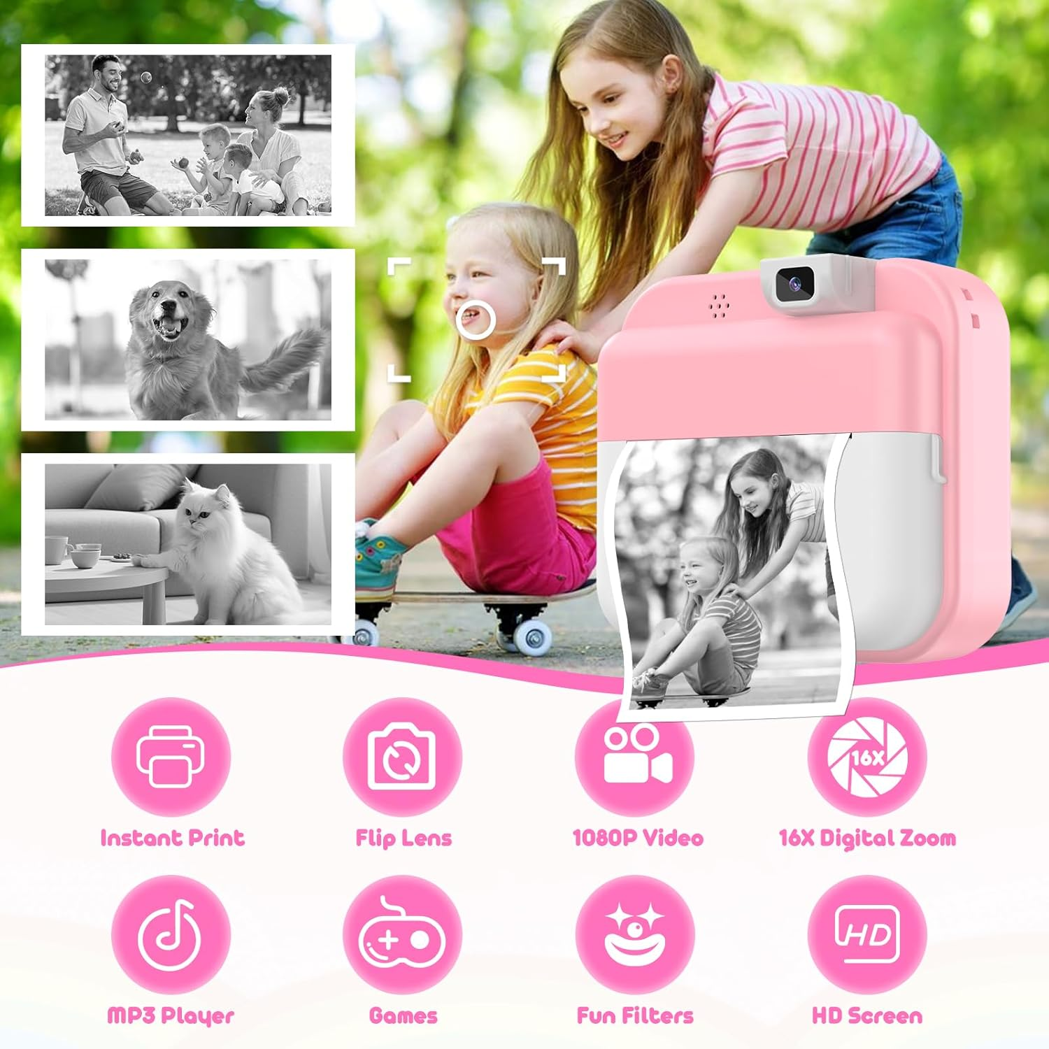 Kinder mit rosa Kamera, sie druckt Fotos. Symbole für Funktionen.