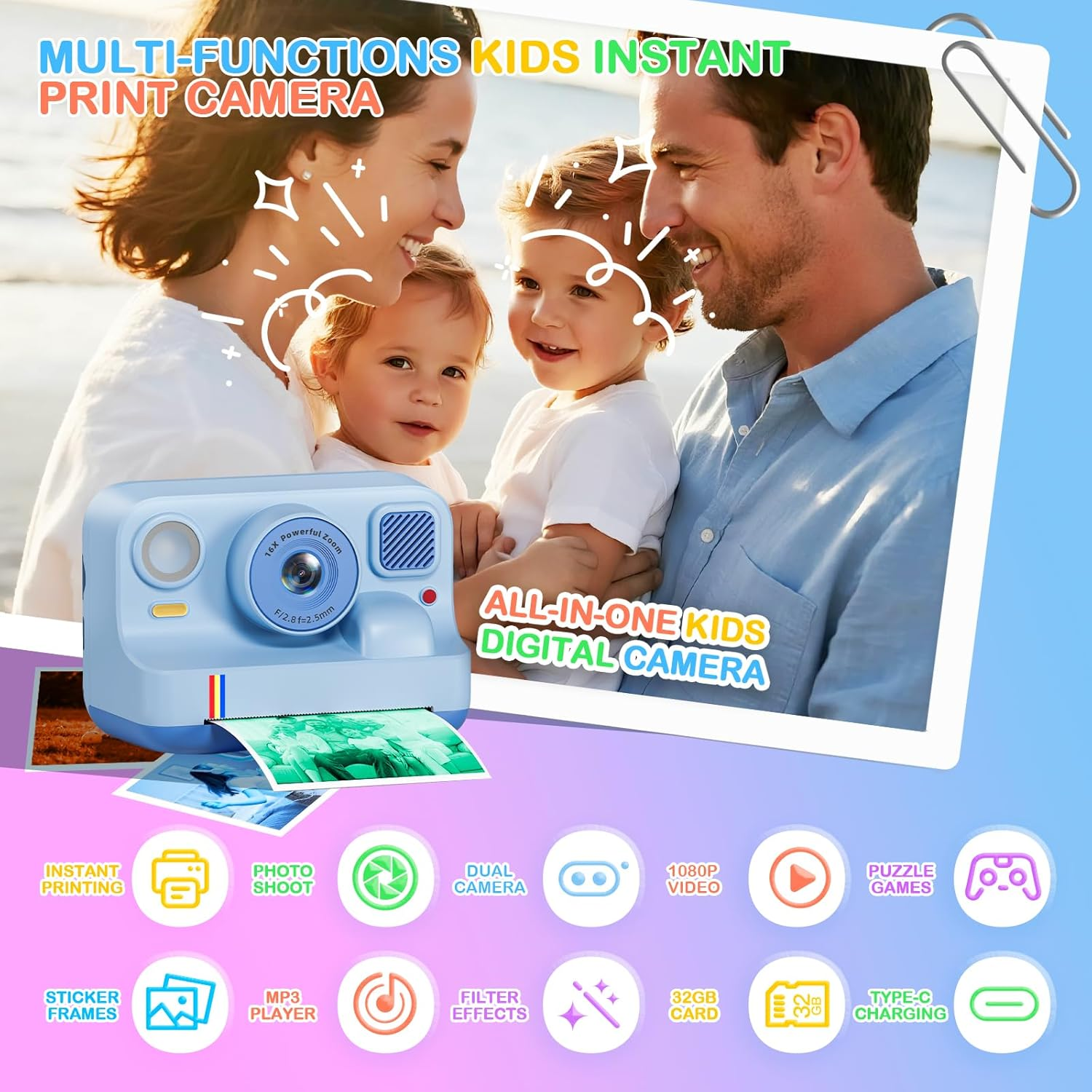 Blaue Sofortbildkamera mit Familienfoto. Icons für Druck, Foto, Video, Spiele.