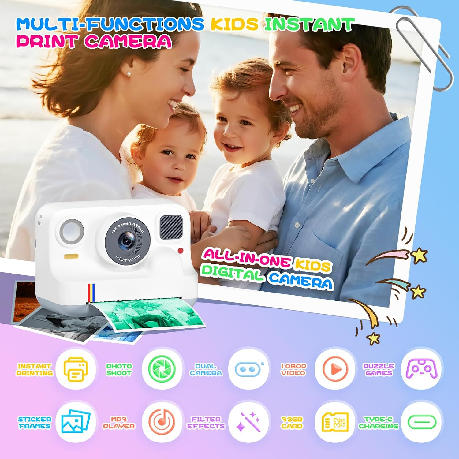 Ein weißes Sofortbildkamera-Produktfoto mit einer Familie und Funktionen.