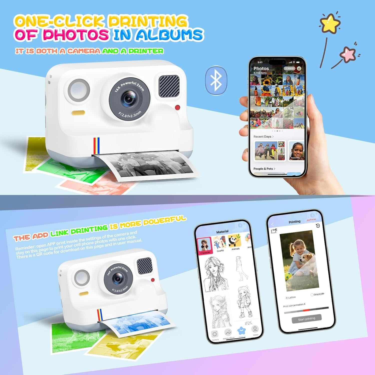 Weiße Sofortbildkamera druckt Fotos. Telefon zeigt Fotogalerie und Druck-App.