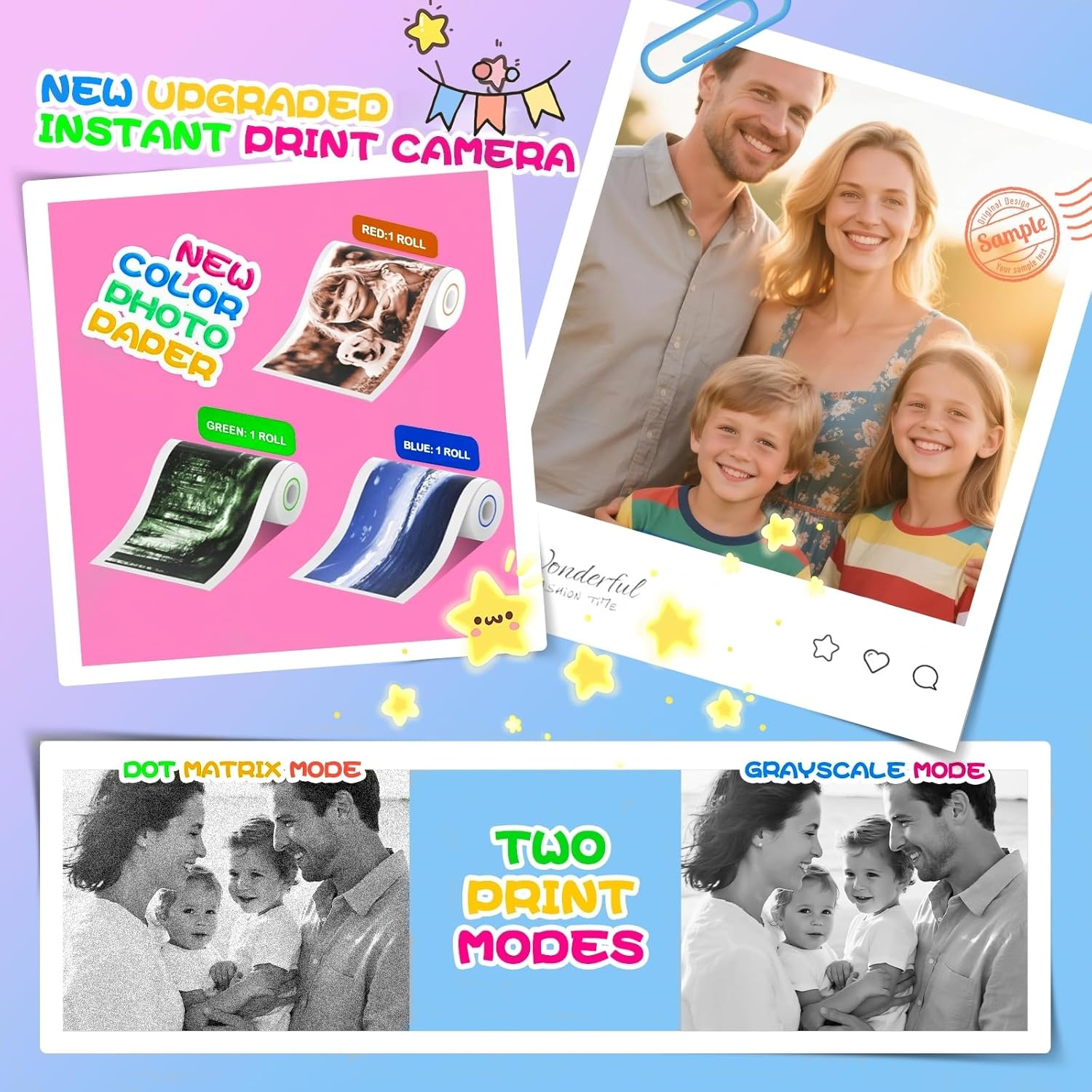 Ein Familienfoto im Vintage-Stil mit zwei Druckmodi, einem neuen Farbfoto-Papier und einer neuen Kamera.