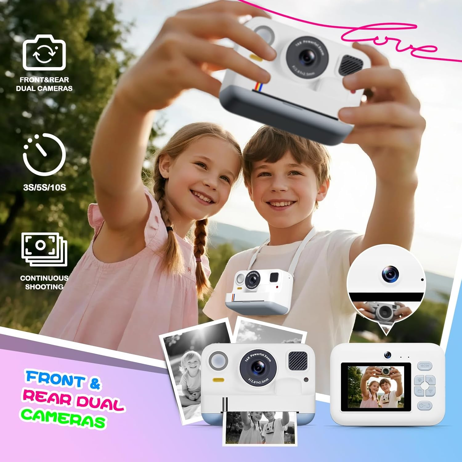 Zwei Kinder machen ein Selfie mit einer weißen Kamera im Freien.