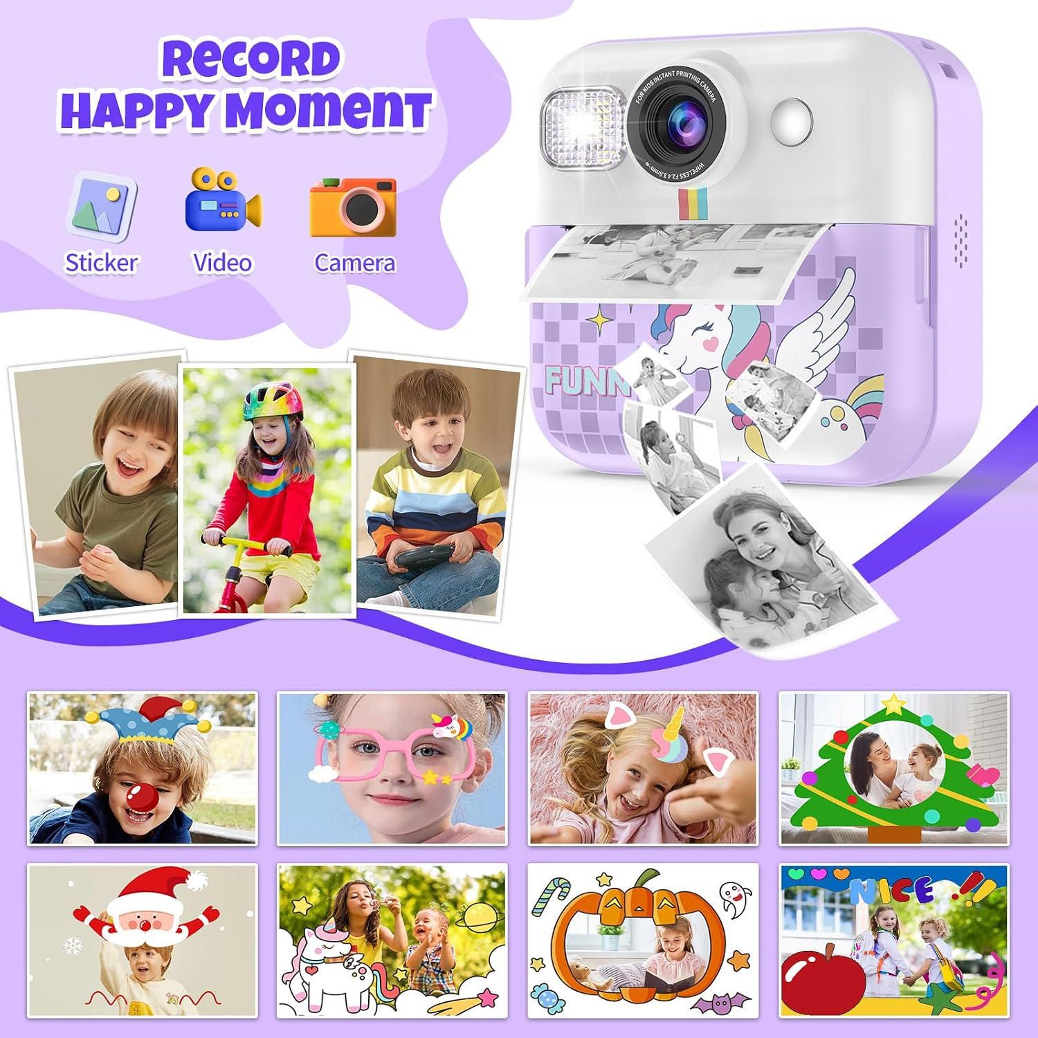 Ein lila Sofortbildkamera-Drucker mit Einhorn-Design, zeigt Kinderbilder.