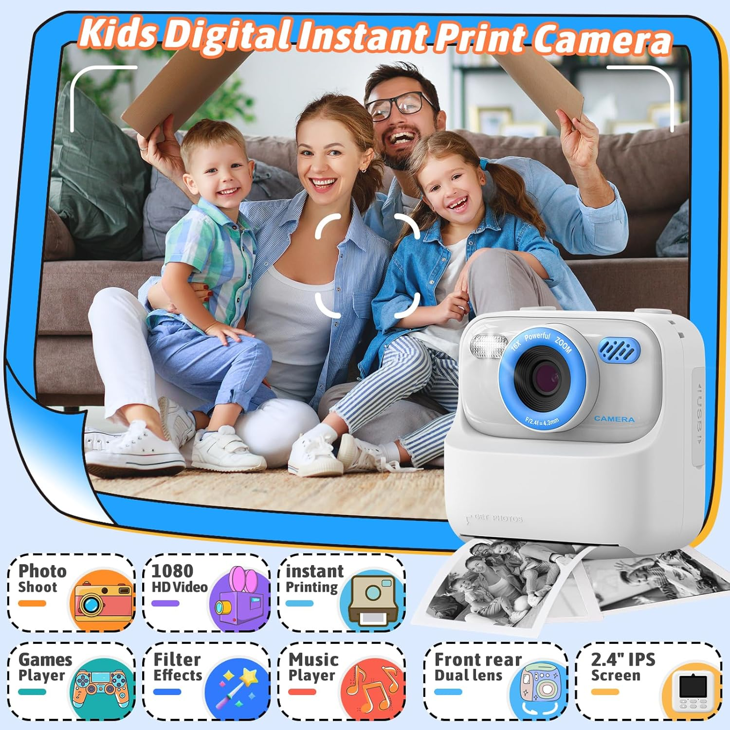 Familie posiert vor einer Kamera, die Fotos druckt. Icons zeigen Funktionen.