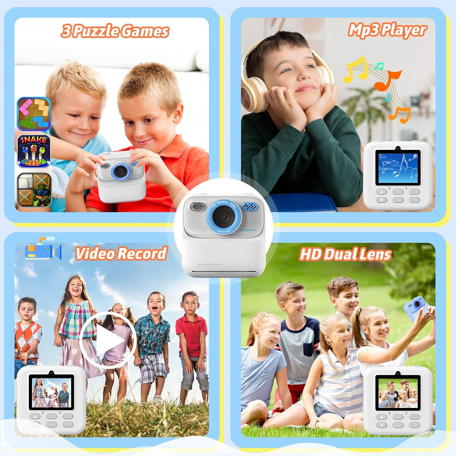 Eine Digitalkamera mit Funktionen: 3 Puzzle-Spiele, MP3-Player, Videoaufnahme, HD-Dual-Objektiv.