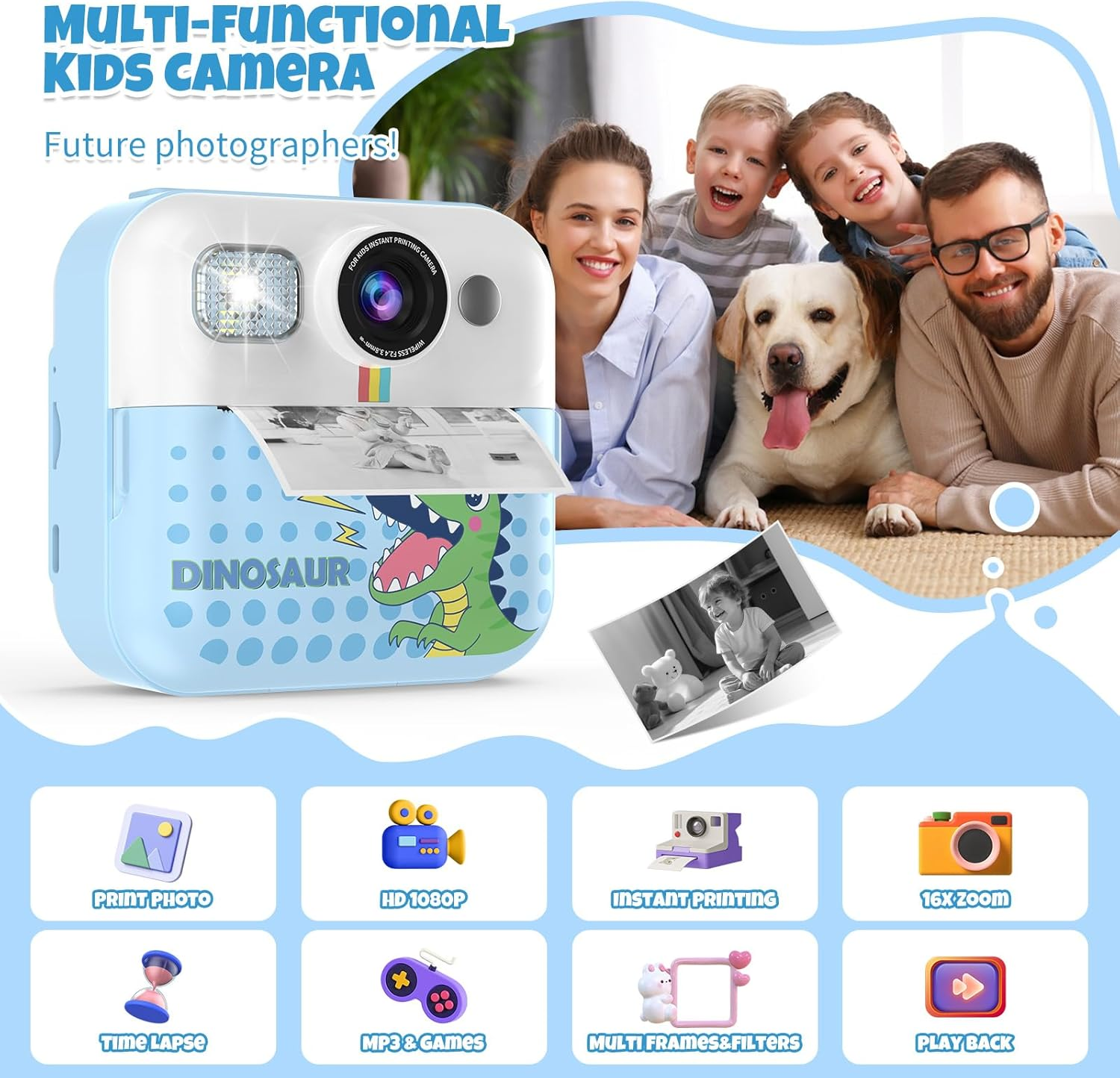 Ein blaues Dinosaurier-Kinderkamera-Modell mit Funktionen wie Foto, Video, Zeitraffer.