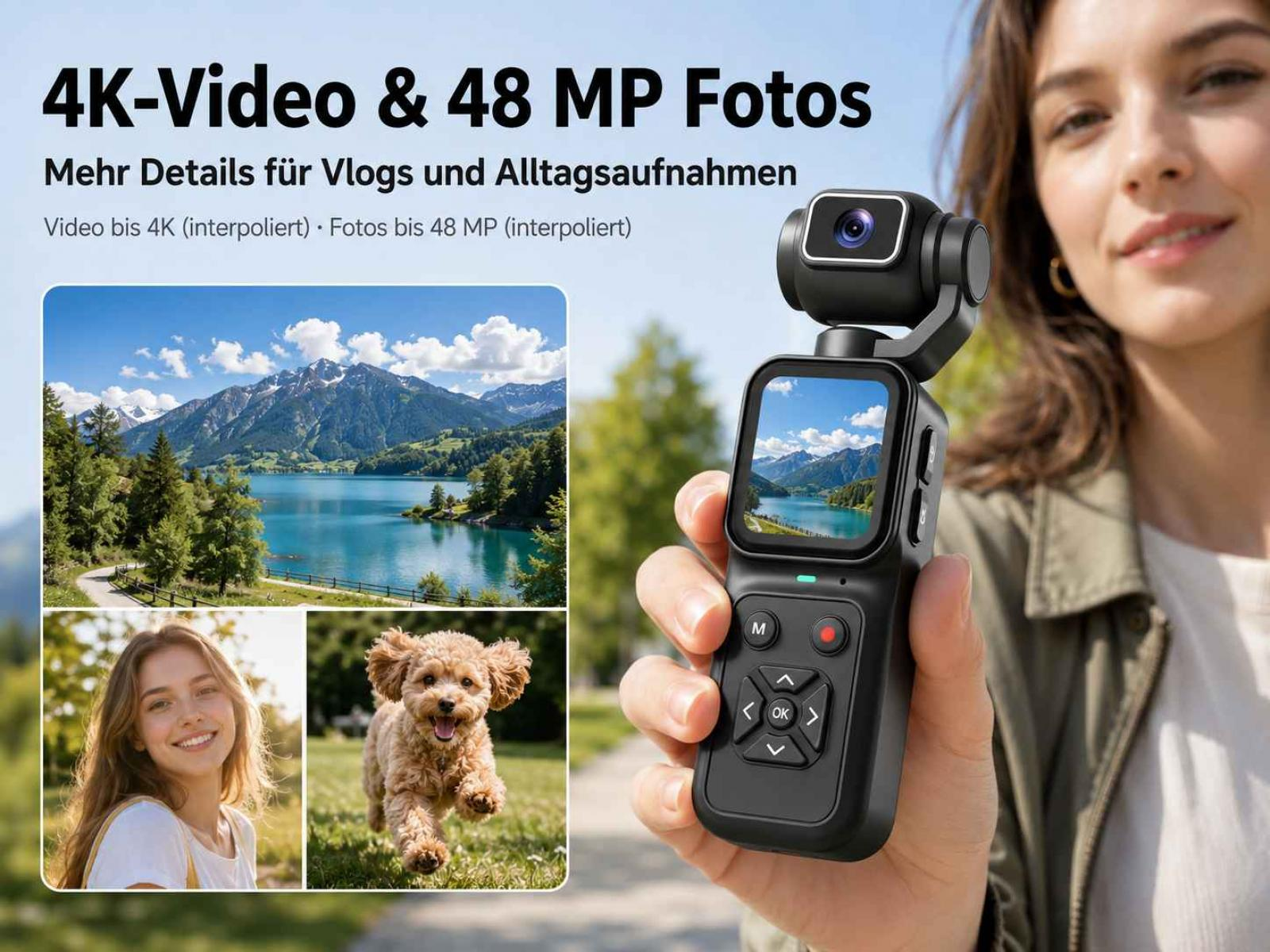 Ein Gimbal mit Kamera hält eine Landschaft. Collage: Bergsee, Frau, Hund.