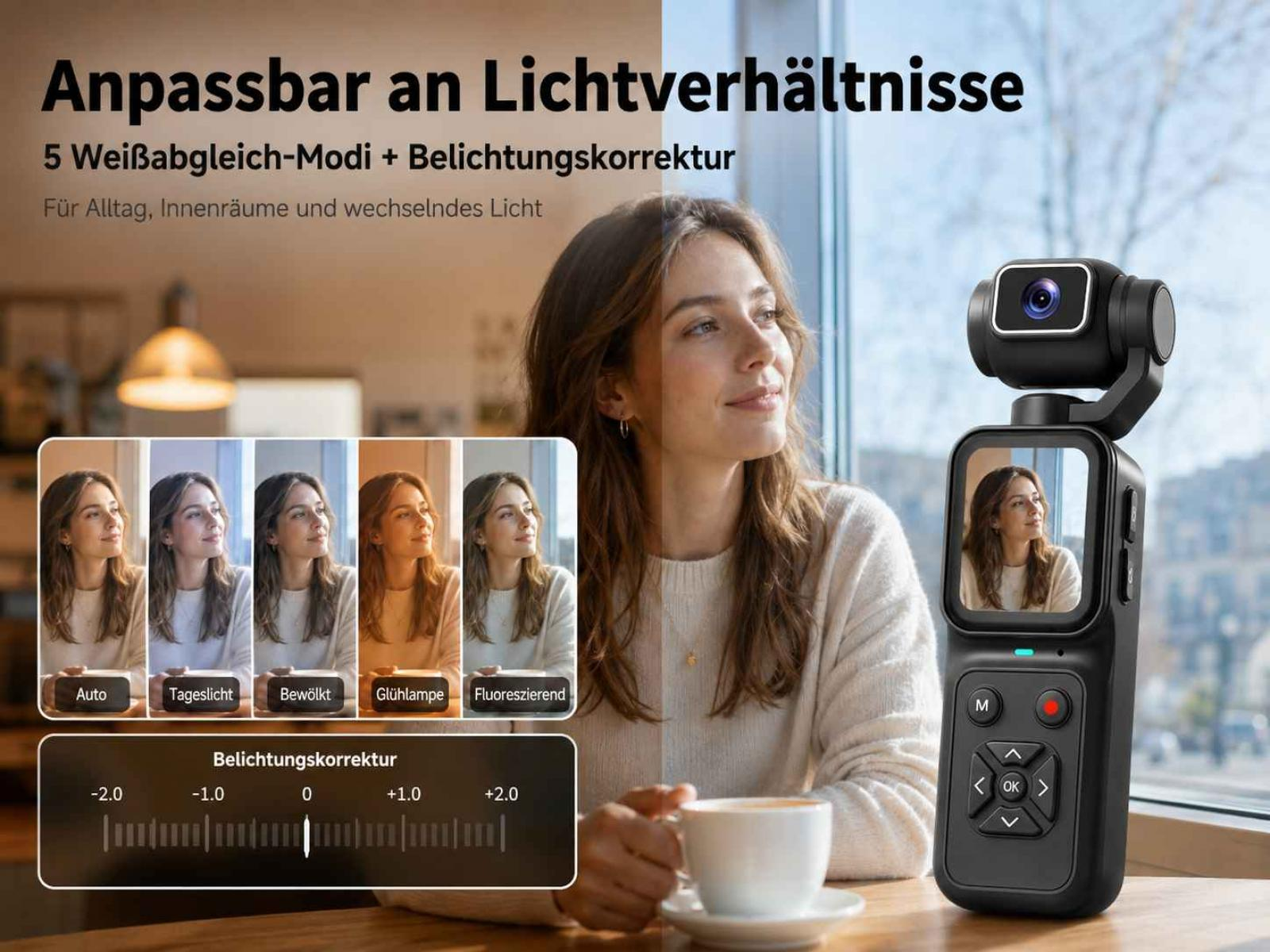 Eine Frau sitzt bei einer Tasse Kaffee neben einer Kamera mit Bildschirm.