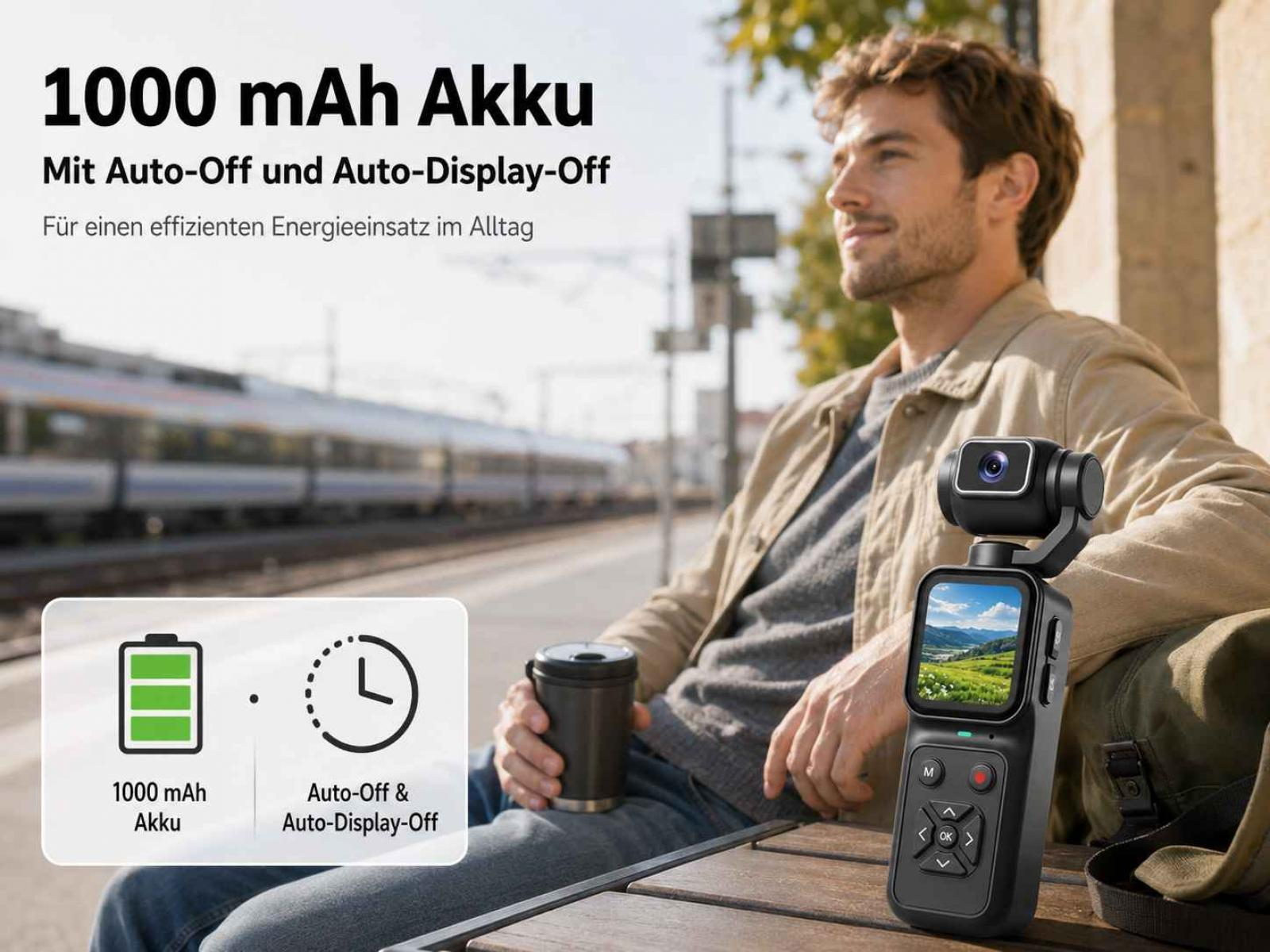 Mann sitzt am Tisch mit Gimbal-Kamera und Text über Akku.