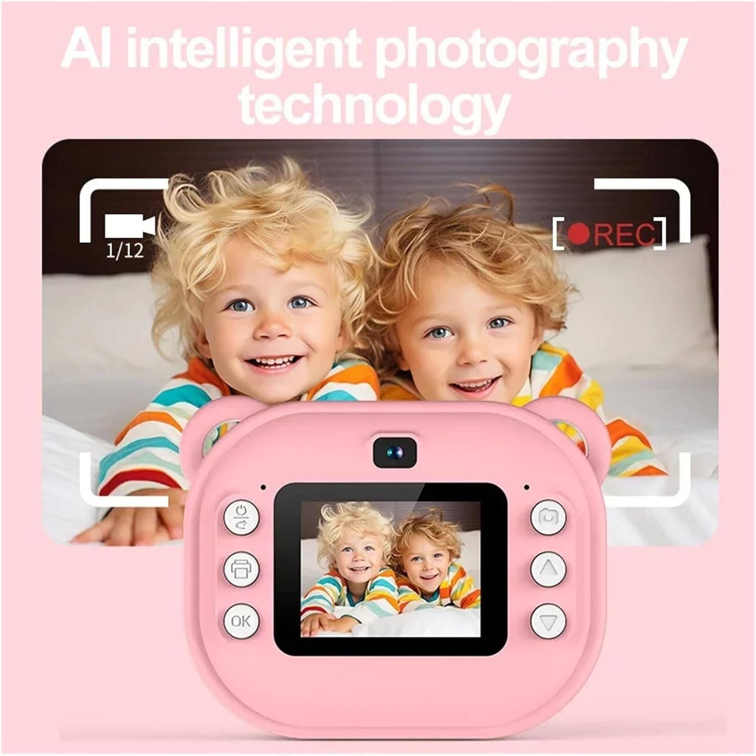 Ein rosa Kinderfotoapparat mit zwei Kindern, die darauf lächeln.