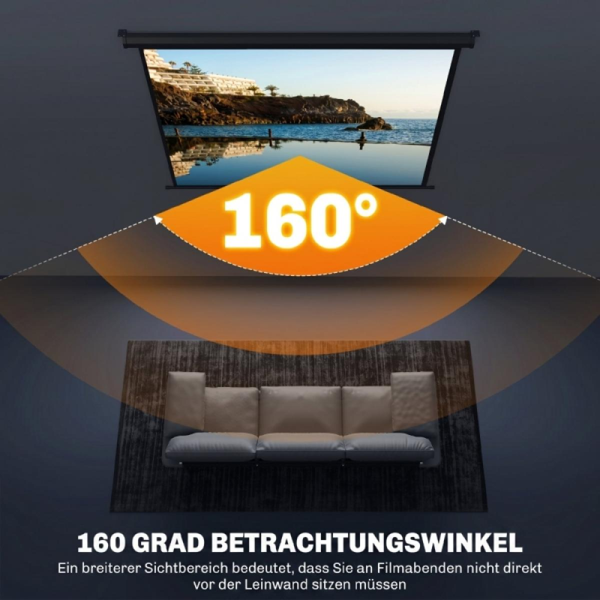Eine Leinwand mit 160° Betrachtungswinkel, daneben ein Sofa.