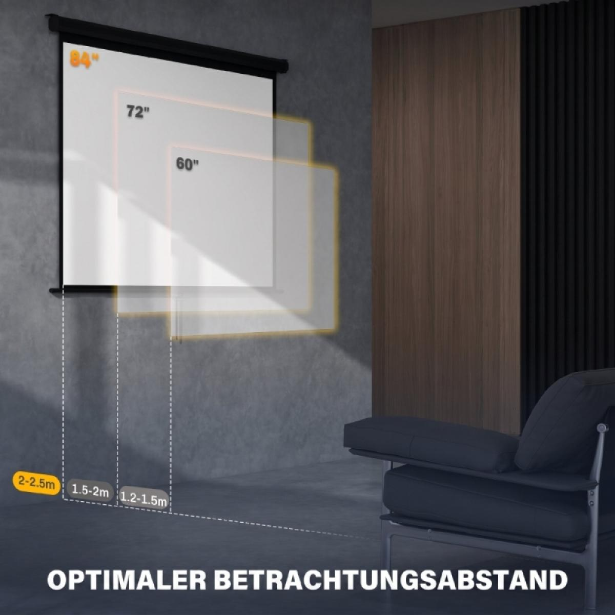 Projektionsleinwand mit Größenangaben (84", 72", 60") und empfohlenen Abständen.
