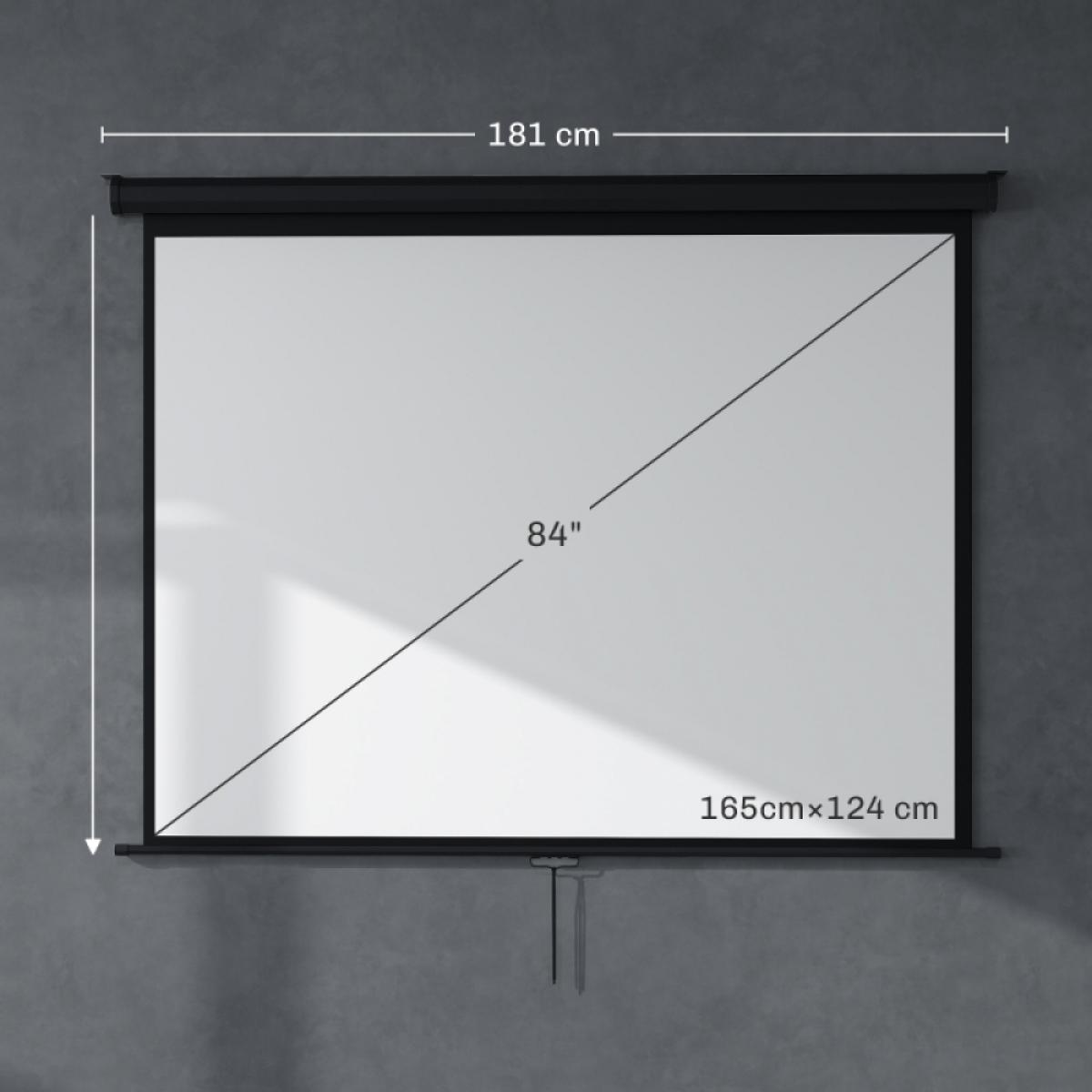 Ein weißer Projektionsleinwand, 84 Zoll, 181 cm breit, an einer grauen Wand montiert.