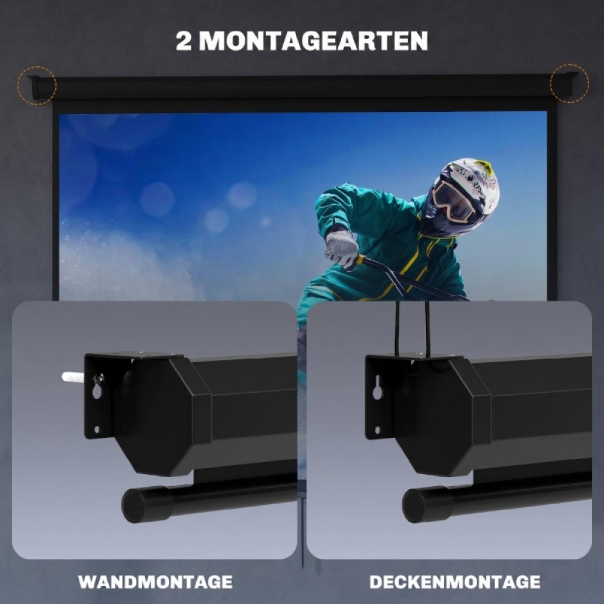 Projektorleinwand mit Bergsteigerbild und Wand-/Deckenmontageoptionen.