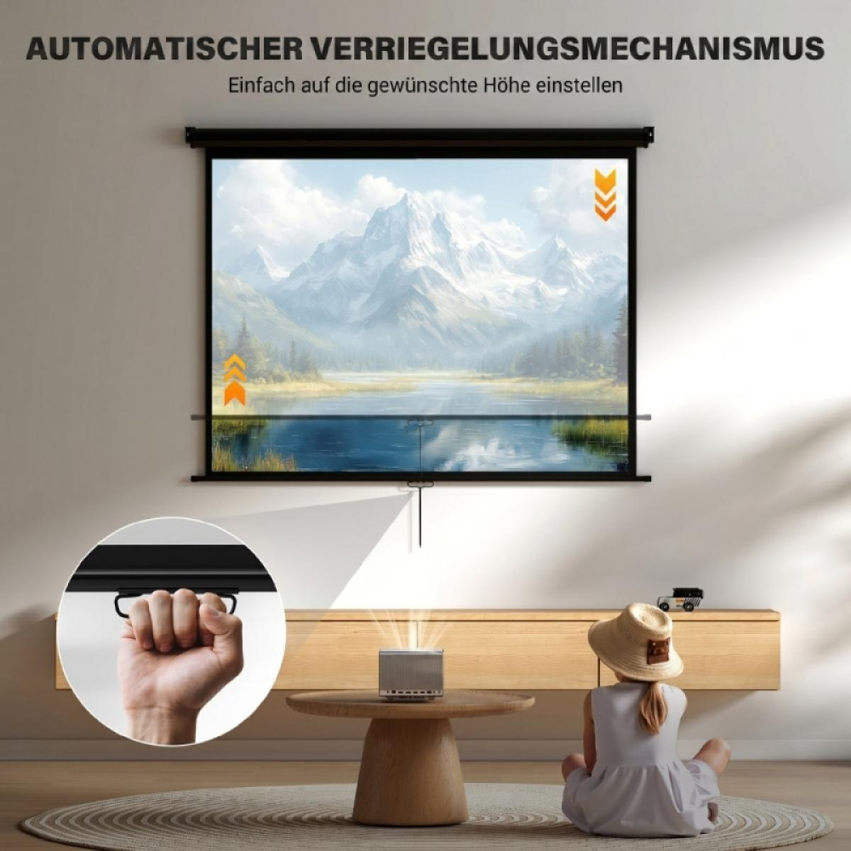 Ein Kind mit Hut blickt auf einen Projektor, der auf einen Bergsee-Bildschirm projiziert.