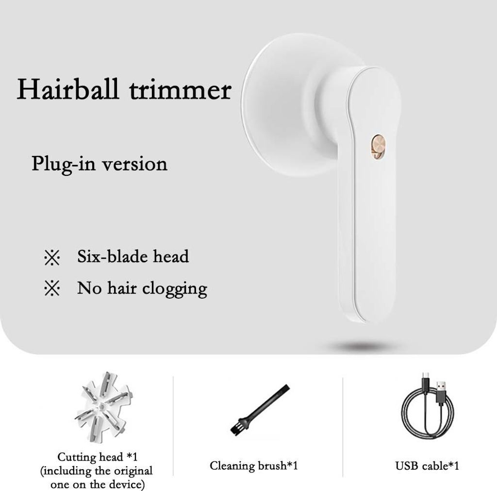 Weißer Fusselentferner mit Sechs-Klingen-Kopf, Reinigungsbürste und USB-Kabel.