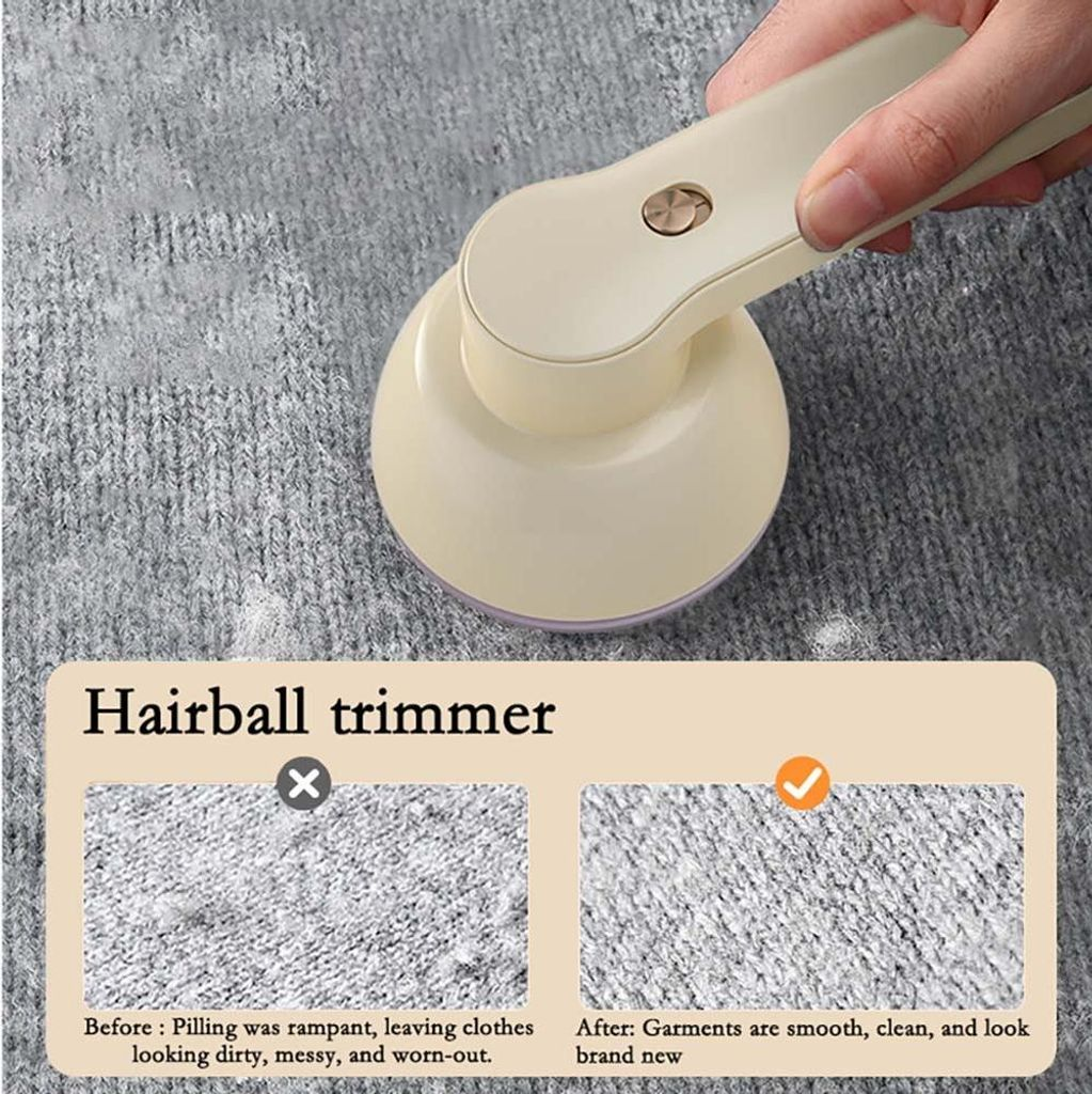 Ein Handheld-Fusselentferner auf grauem Strickstoff, zeigt Vorher/Nachher-Effekt.