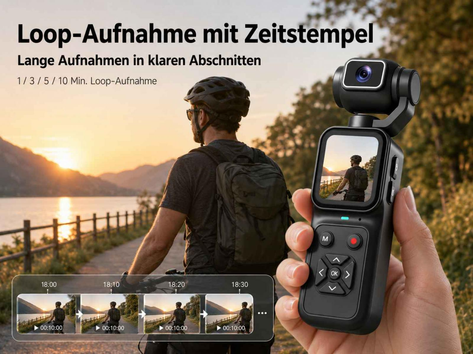 Ein Mann mit Helm und Rucksack radelt bei Sonnenuntergang am Wasser entlang. Ein Handheld-Kamera hält die Szene fest.
