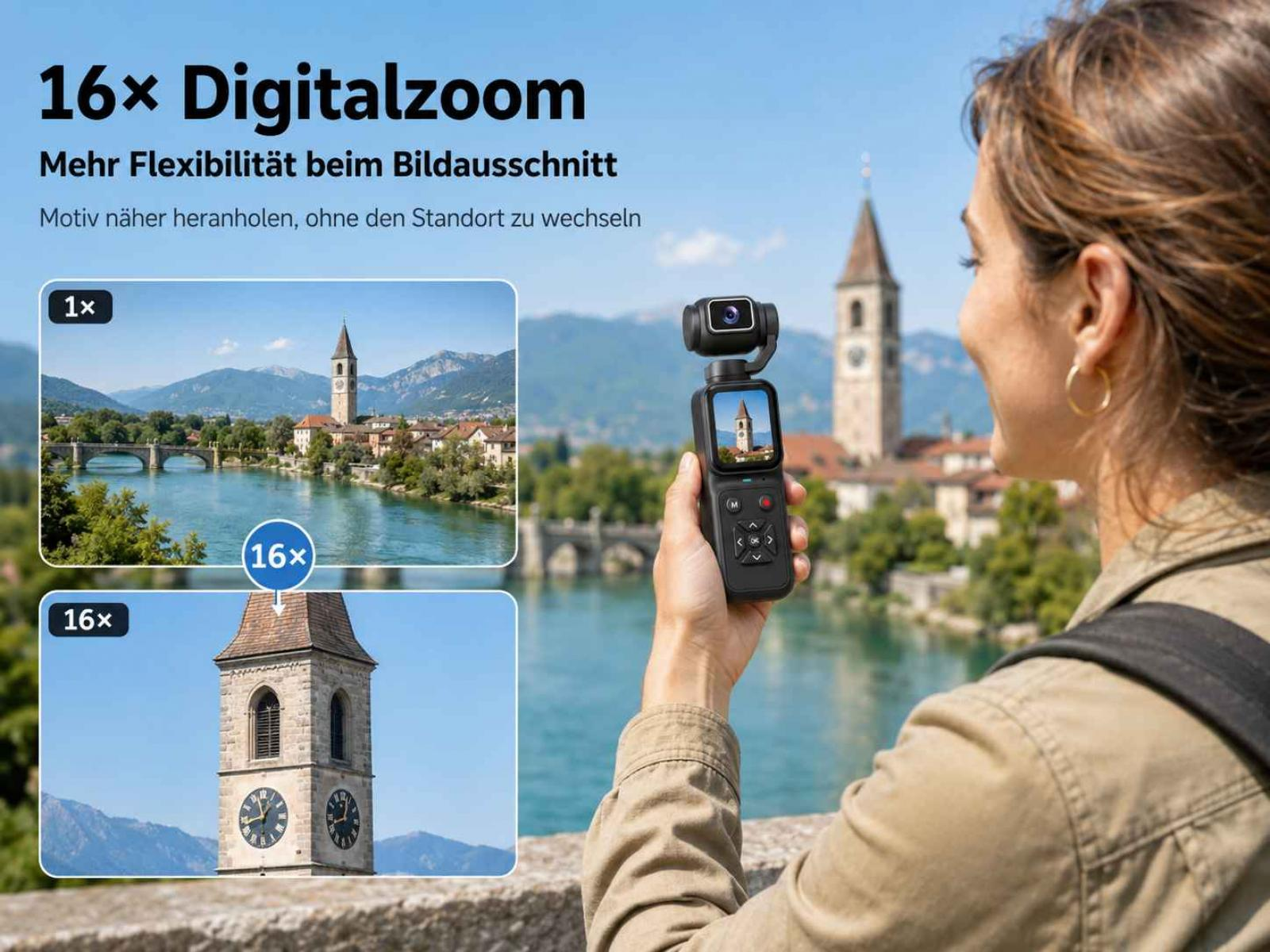 Frau hält Gimbal mit Handy, zeigt 16x Zoom auf Kirchturm. Stadtansicht.