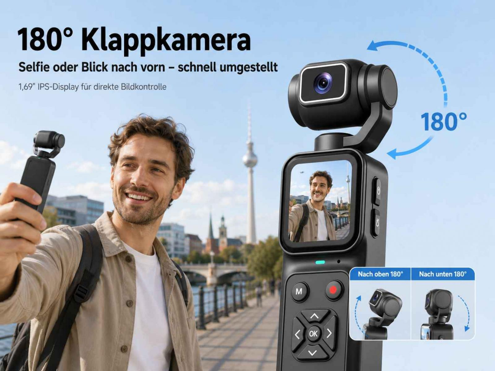 Mann hält eine 180° Klappkamera, die ein Selfie aufnimmt. Berlin Fernsehturm im Hintergrund.