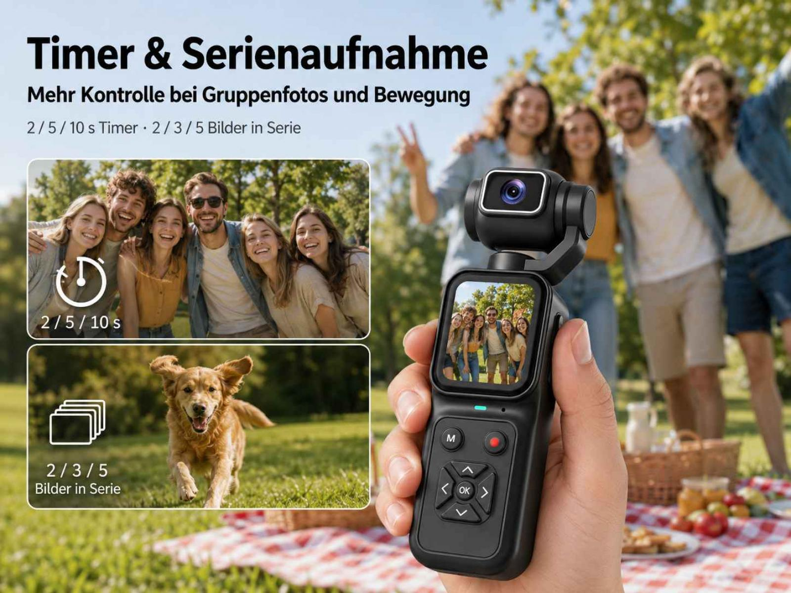 Ein Gimbal mit Bildschirm zeigt Lachende, ein Hund rennt auf einer Wiese.