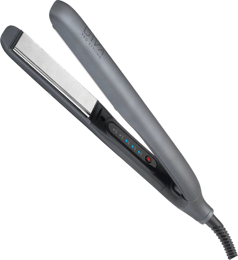 Grauer Diva Pro Styling Haarglätter mit silbernen Platten und blauen Temperatureinstellungen.