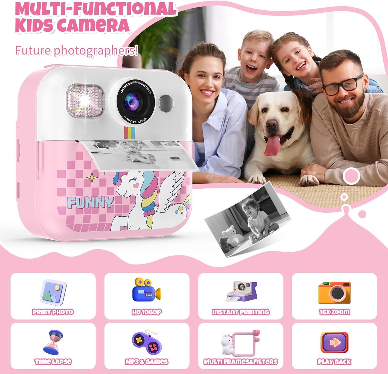 Rosa Sofortbildkamera mit Einhorn, Familie, Hund und Funktionssymbolen: Drucken, Video, Sofortdruck.