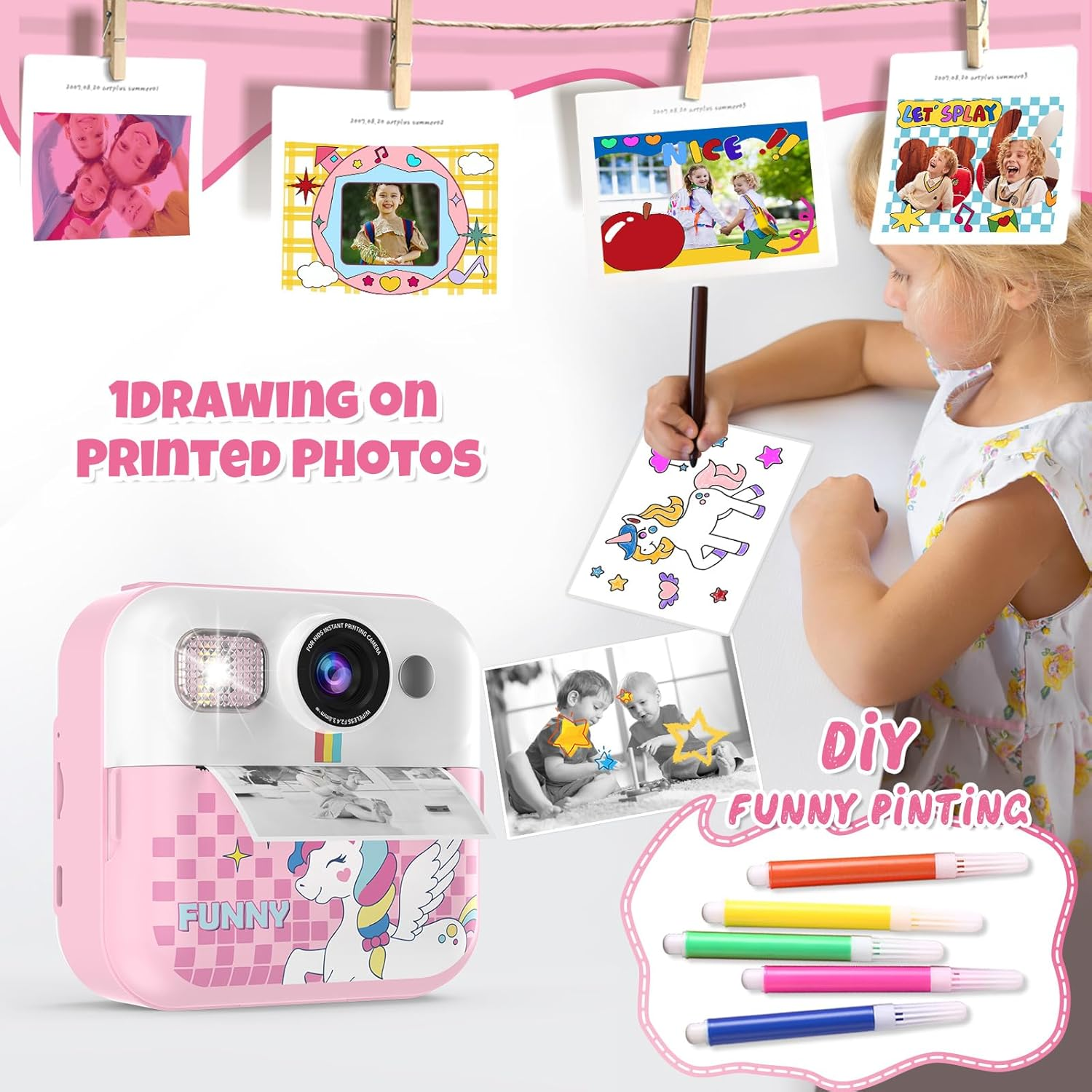 Ein rosa Drucker mit Einhorn-Design druckt ein Bild, daneben ein Kind malt.