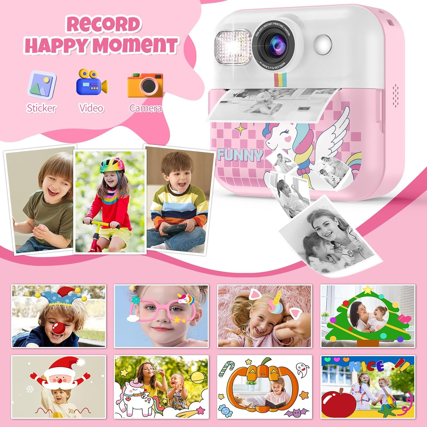 Ein rosa Drucker mit Einhorn-Motiv druckt Fotos von Kindern. Sticker-Vorlagen sind abgebildet.