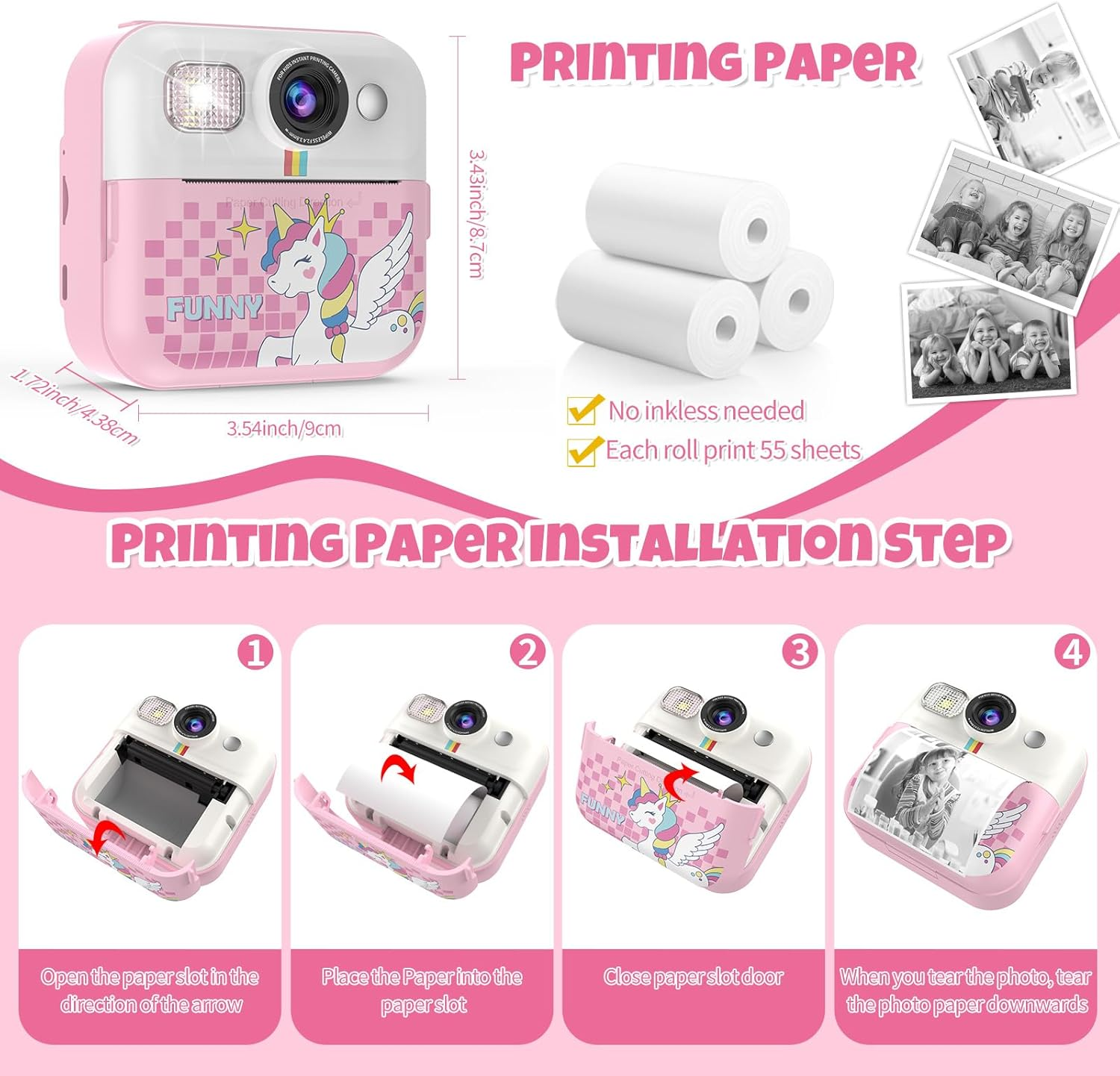 Eine rosa Sofortbildkamera mit Einhorn-Design und Anleitungen zur Papierinstallation.