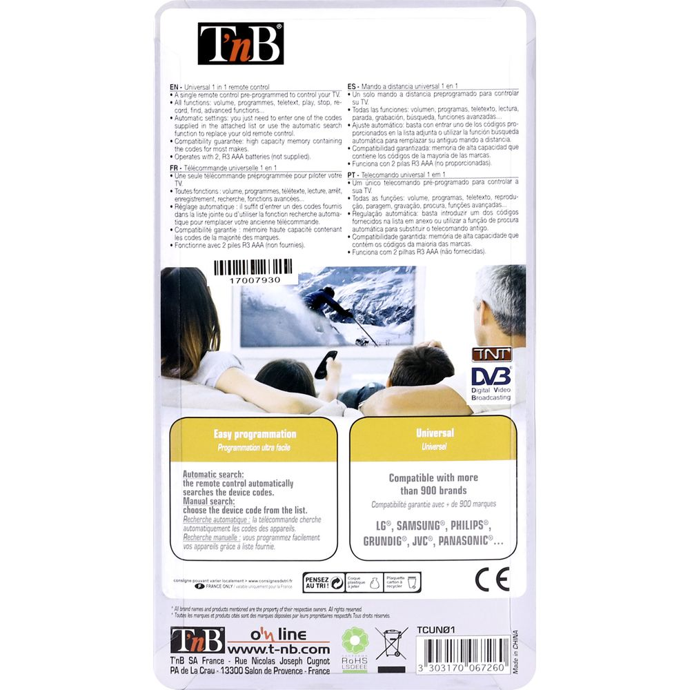 Verpackung einer Universalfernbedienung mit Produktinformationen und Bildern.