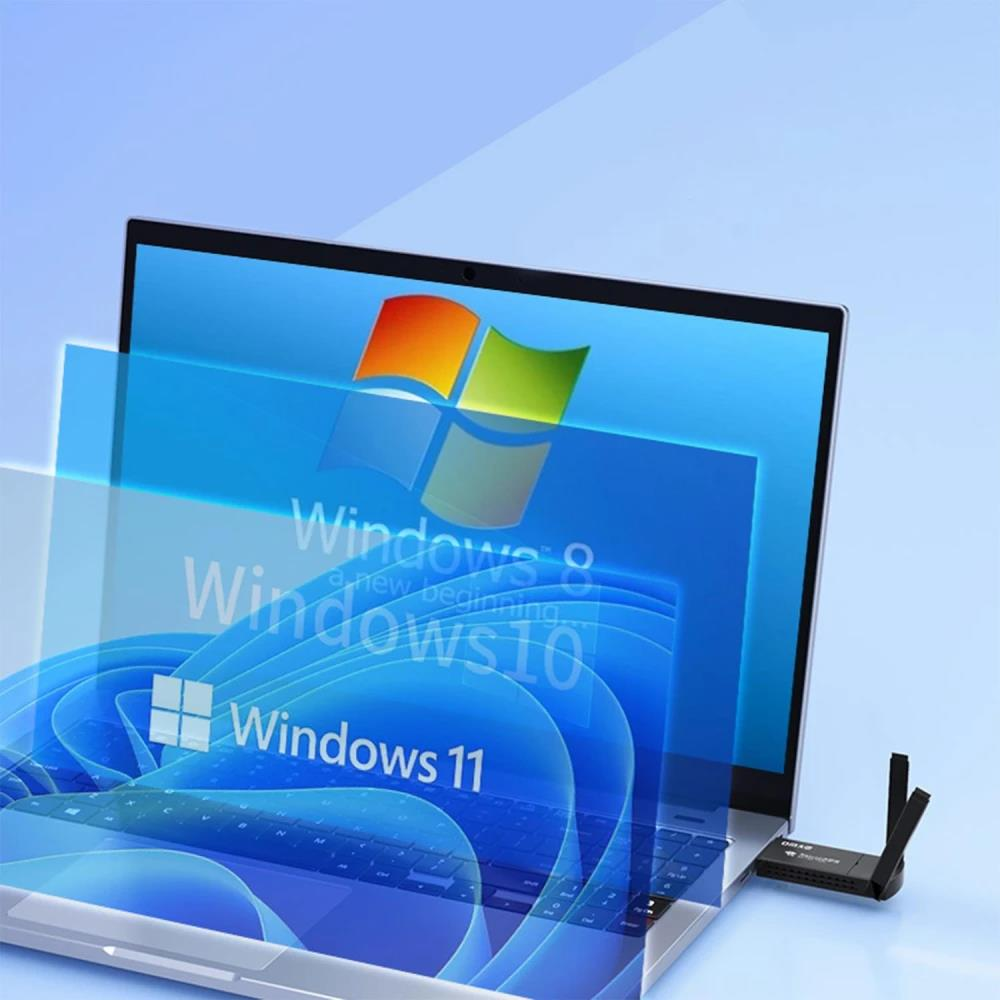 Windows 8, 10, 11 logoları ve Wi-Fi adaptörü gösteren dizüstü bilgisayar.