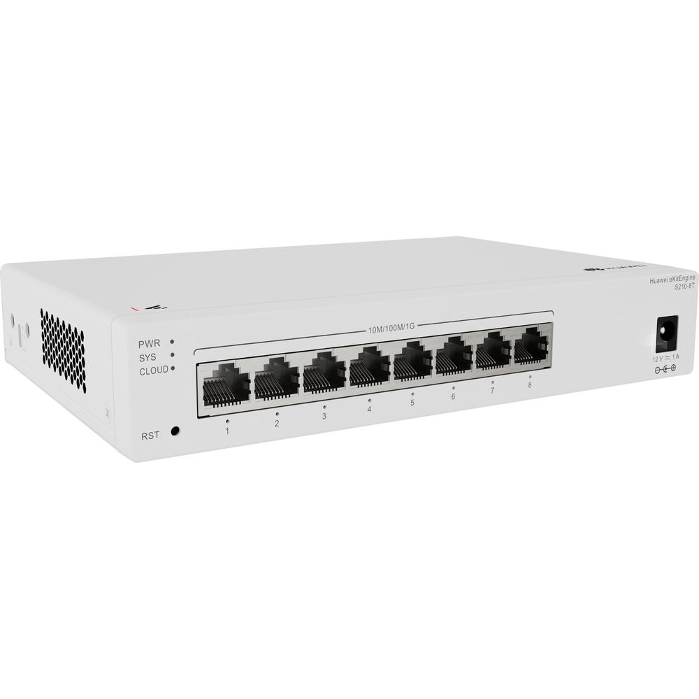 LED'li beyaz Huawei ağ anahtarı, 8 Ethernet portu bulunur.